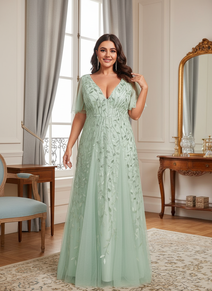 Plus Size Applique Tulle Floor Length Formal Gowns