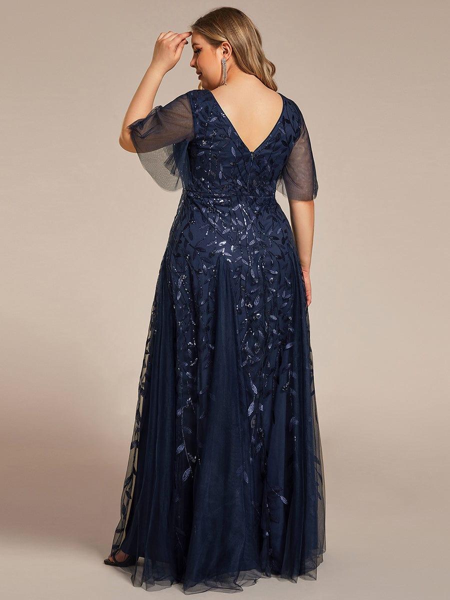 Elegant Black Sequin Evening Dress with Ruffle Sleeves#color_Navy Blue