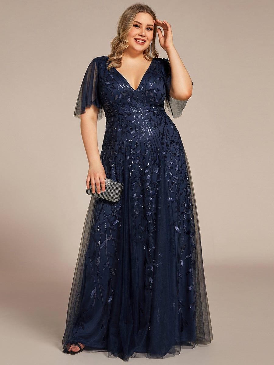 Plus Size Applique Tulle Floor Length Formal Gowns #color_Navy Blue
