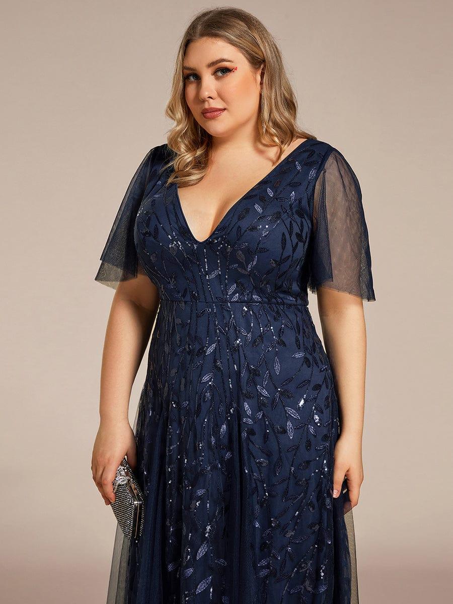 Elegant Black Sequin Evening Dress with Ruffle Sleeves#color_Navy Blue