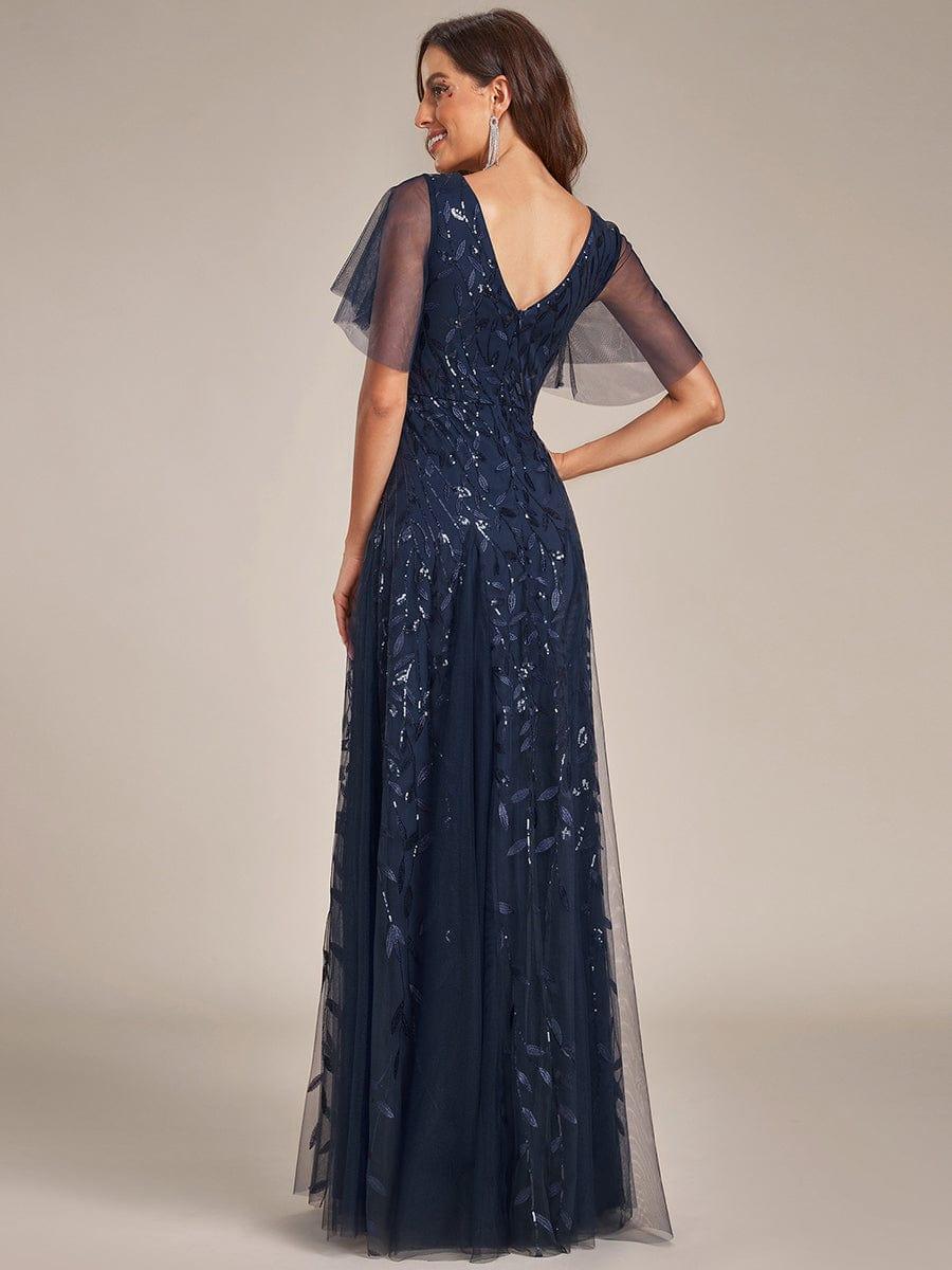 Elegant Black Sequin Evening Dress with Ruffle Sleeves #color_Navy Blue