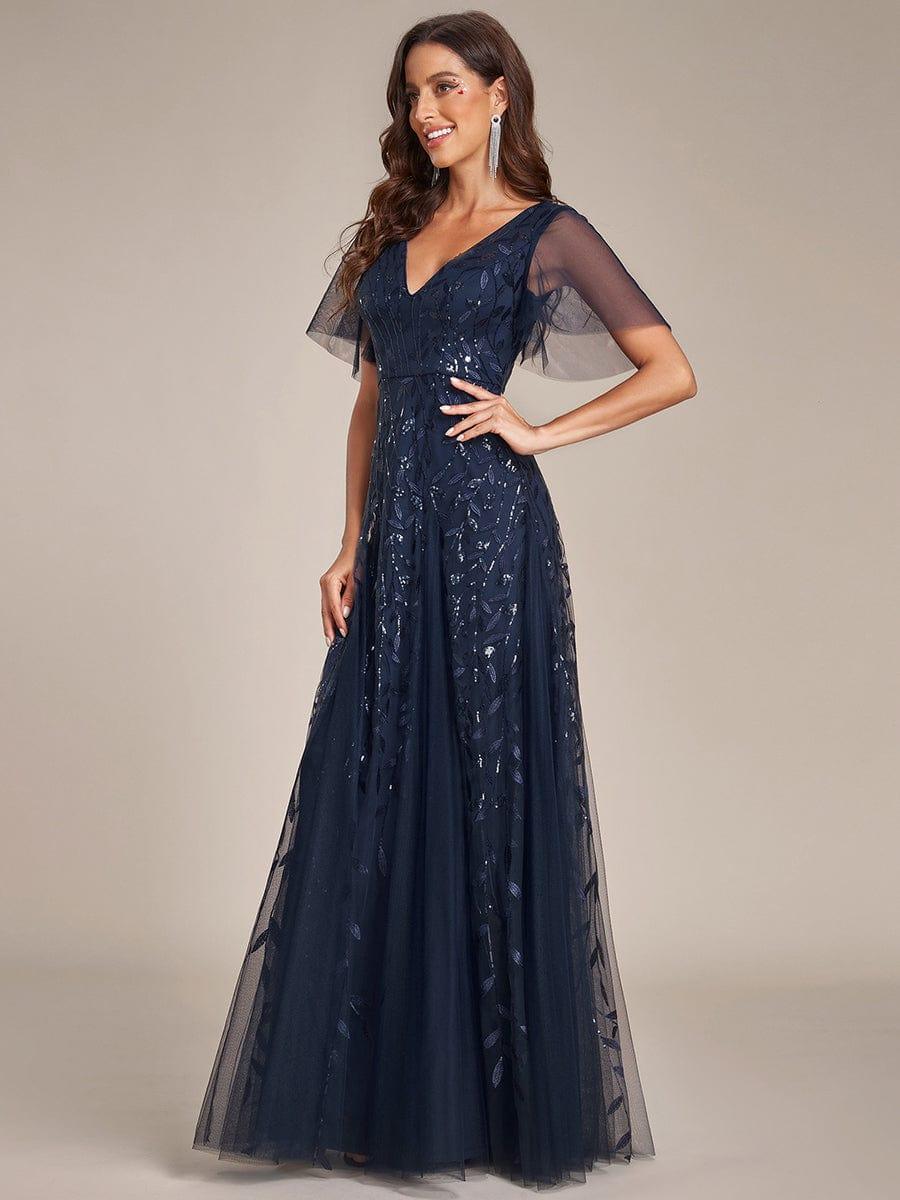 Elegant Black Sequin Evening Dress with Ruffle Sleeves#color_Navy Blue