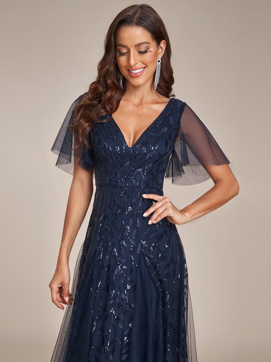 Elegant Black Sequin Evening Dress with Ruffle Sleeves#color_Navy Blue