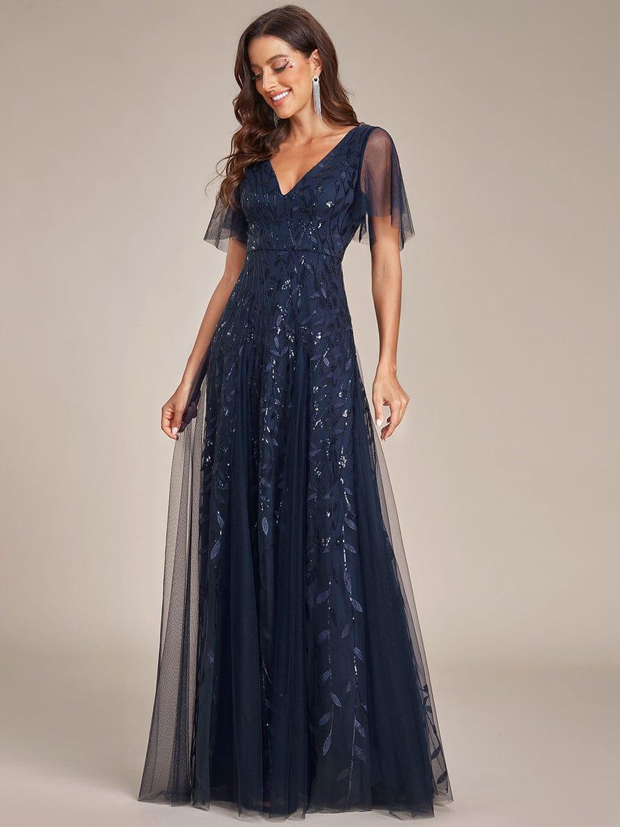 Elegant Black Sequin Evening Dress with Ruffle Sleeves#color_Navy Blue