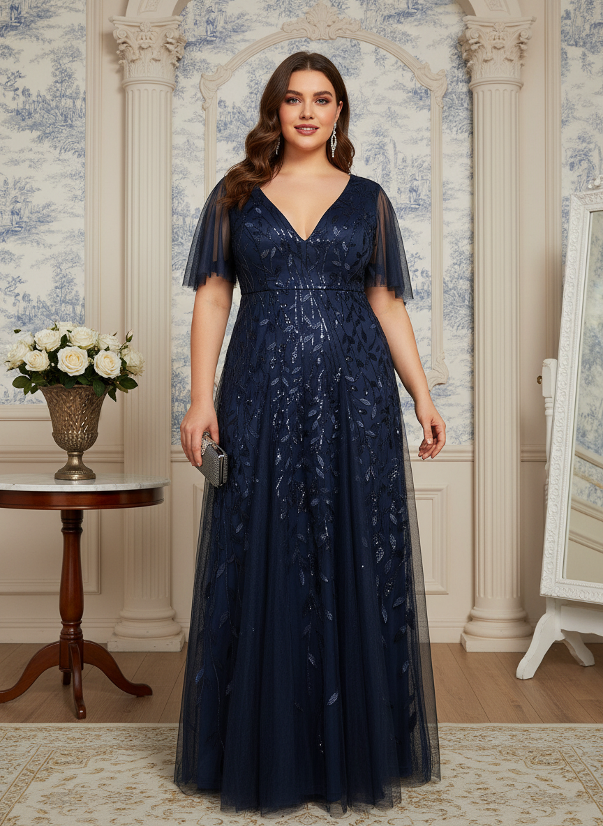 Plus Size Applique Tulle Floor Length Formal Gowns