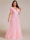 Plus Size V-Neck Lace Applique A-Line Evening Dress #color_Pink