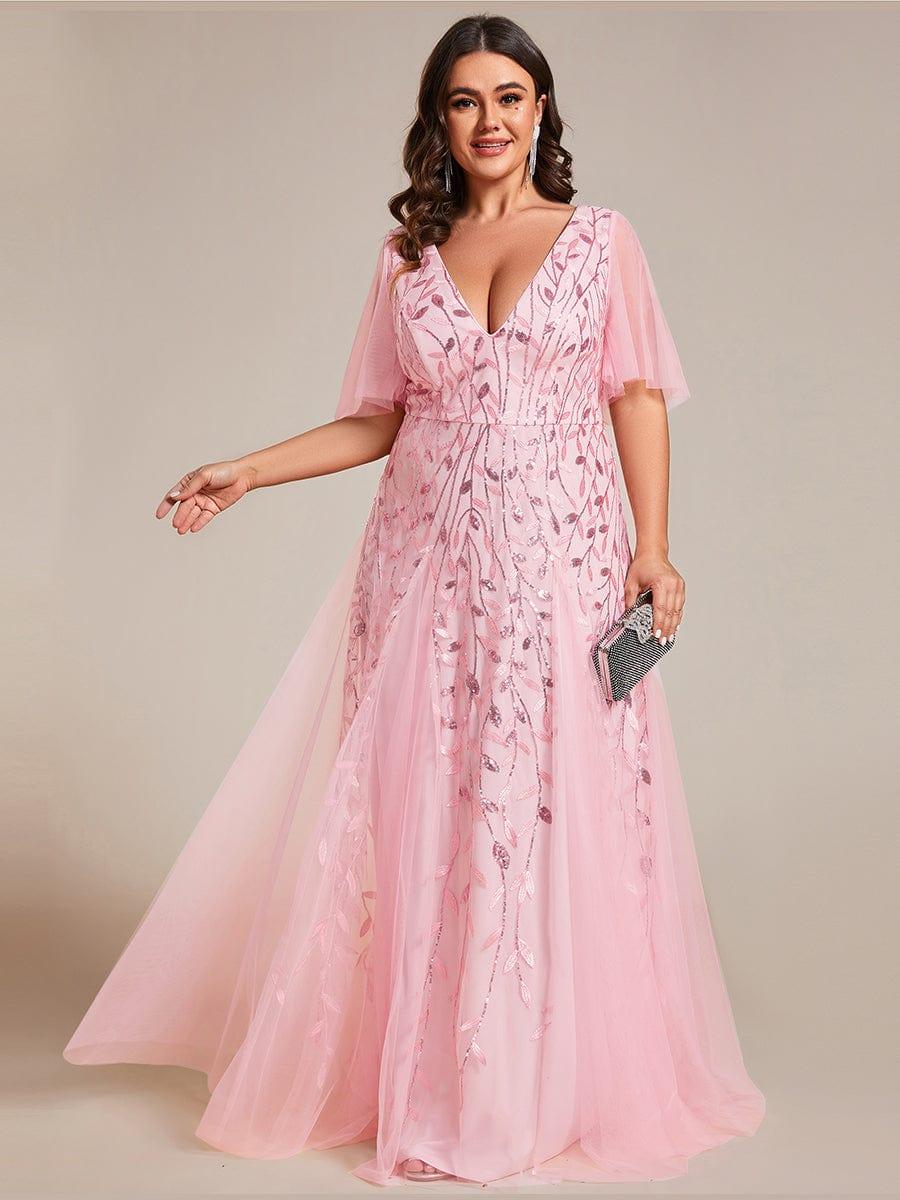 Plus Size V-Neck Lace Applique A-Line Evening Dress #color_Pink