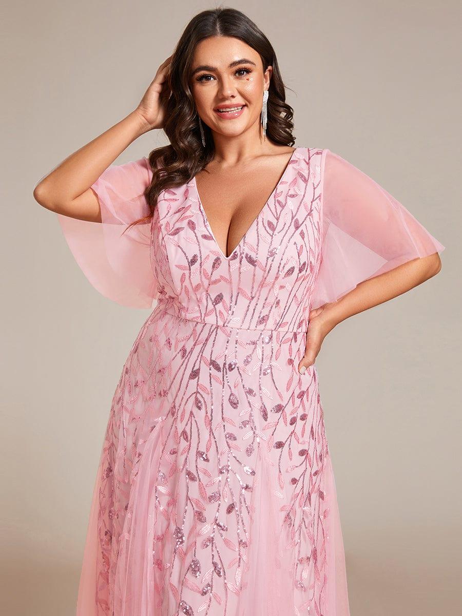 Plus Size V-Neck Lace Applique A-Line Evening Dress #color_Pink