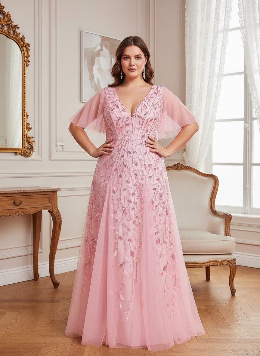 Plus Size V-Neck Lace Applique A-Line Evening Dress