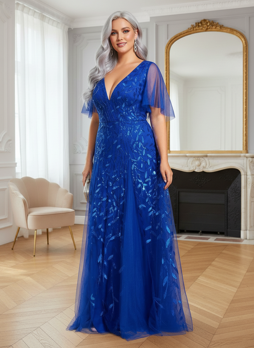 Plus Size V-Neck Lace Applique A-Line Evening Dress