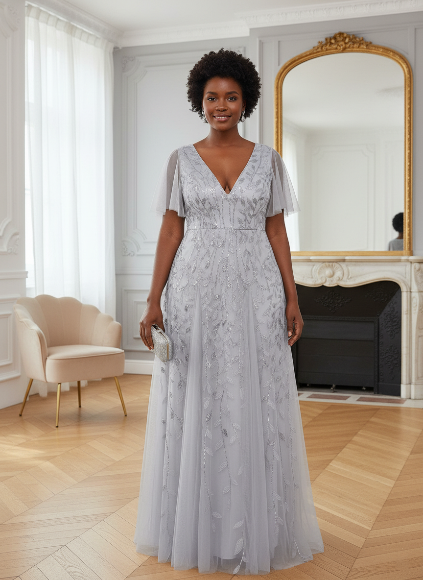 Plus Size V-Neck Lace Applique A-Line Evening Dress