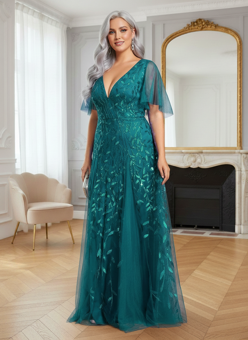 Plus Size V-Neck Lace Applique A-Line Evening Dress