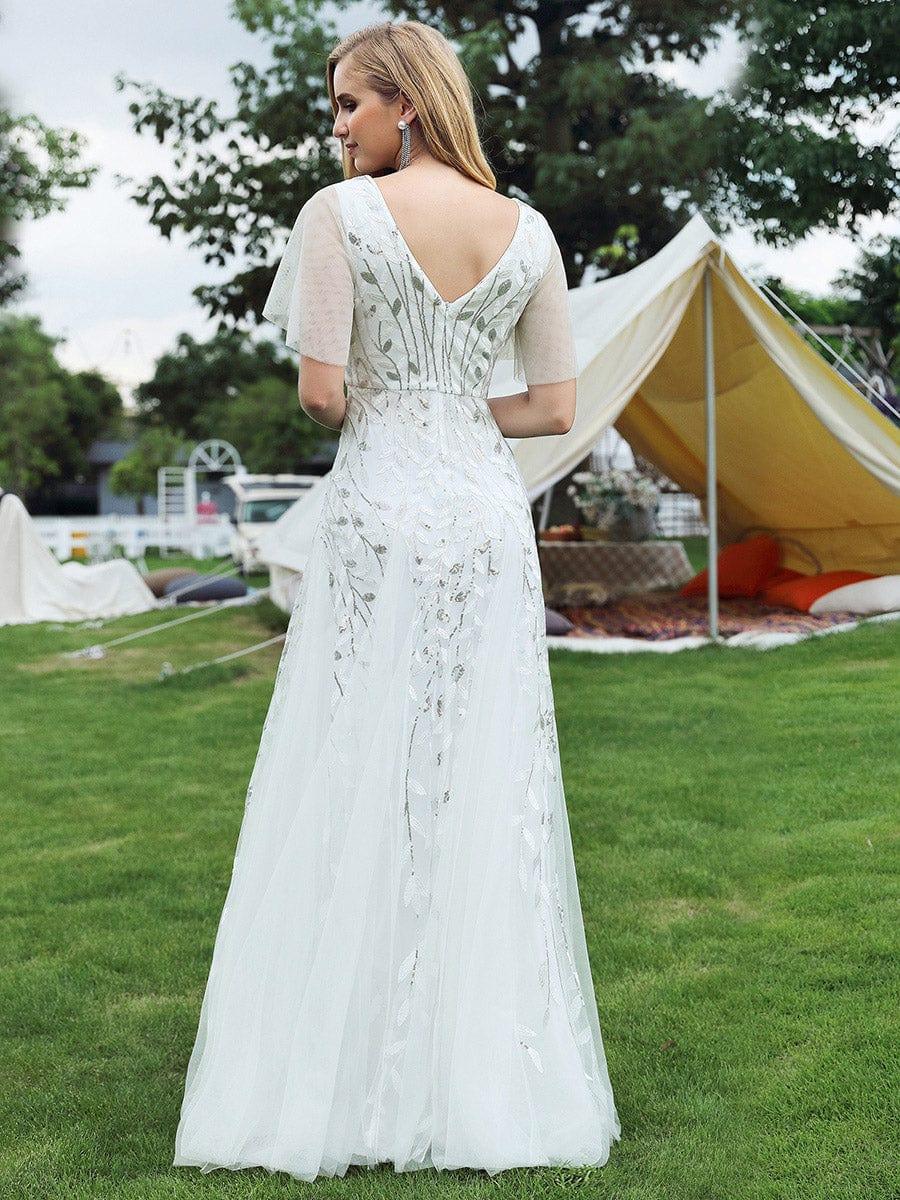 Shimmery White Sequin Applique Tulle Evening Dress #color_White