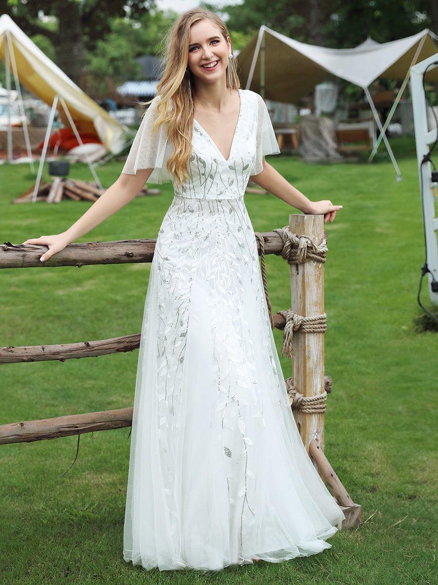 Shimmery White Sequin Applique Tulle Evening Dress