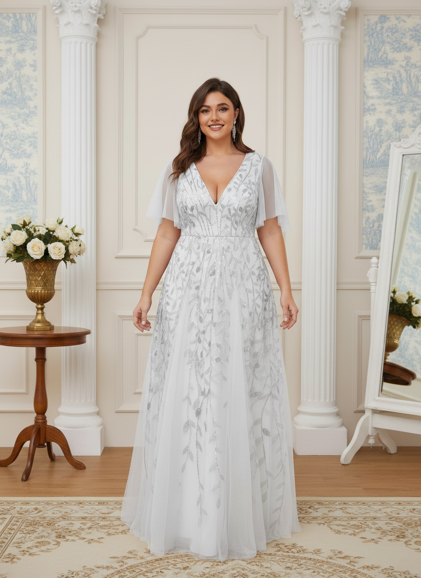 Plus Size Applique Tulle Floor Length Formal Gowns