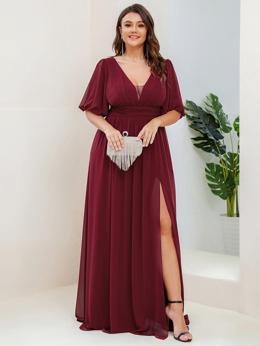 Plus Size Chiffon Slit A-Line Evening Dress with Flutter Sleeves
