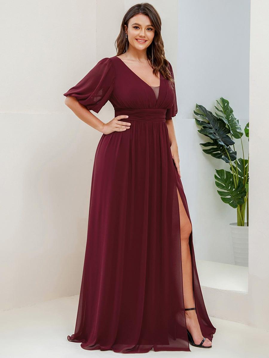 Plus Size Chiffon Slit A-Line Evening Dress with Flutter Sleeves