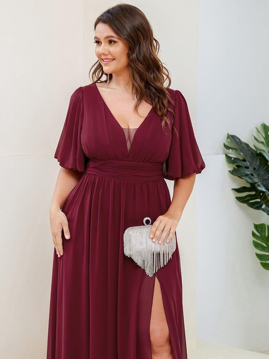 Plus Size Chiffon Slit A-Line Evening Dress with Flutter Sleeves