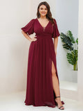 Plus Size Chiffon Slit A-Line Evening Dress with Flutter Sleeves