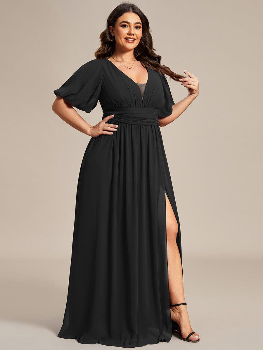 Plus Size Chiffon Slit A-Line Evening Dress with Flutter Sleeves
