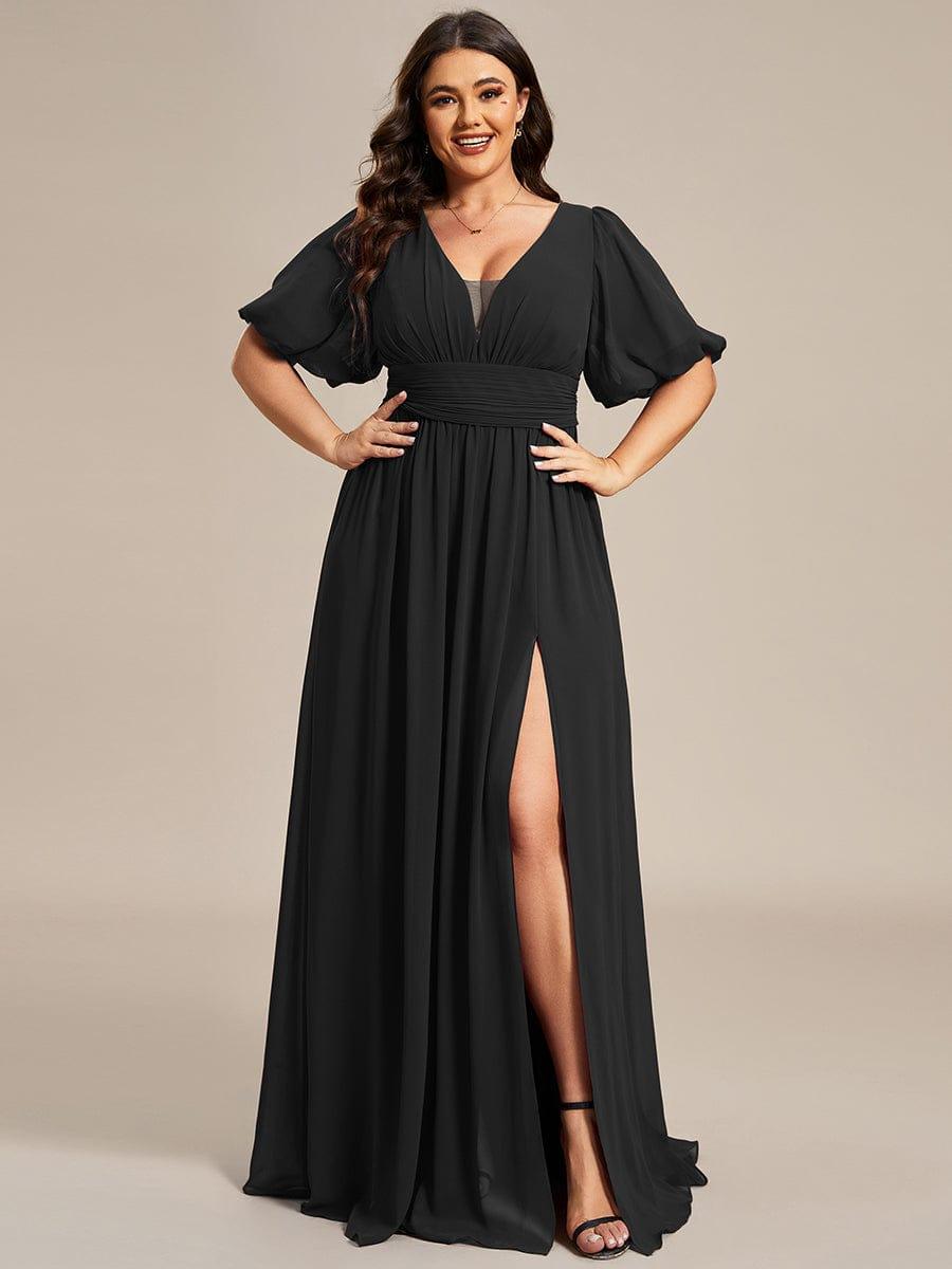 Plus Size Chiffon Slit A-Line Evening Dress with Flutter Sleeves