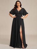 Plus Size Chiffon Slit A-Line Evening Dress with Flutter Sleeves