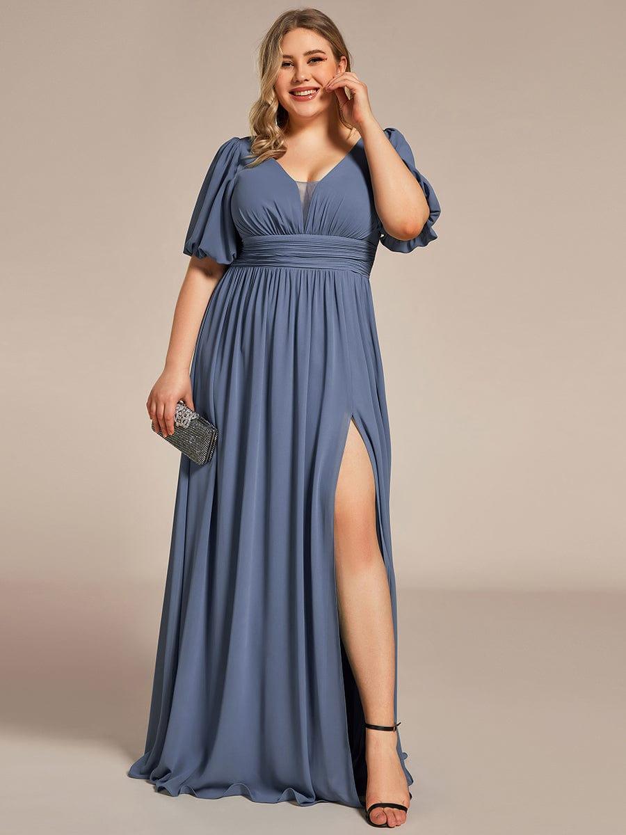 Plus Size Chiffon Slit A-Line Evening Dress with Flutter Sleeves