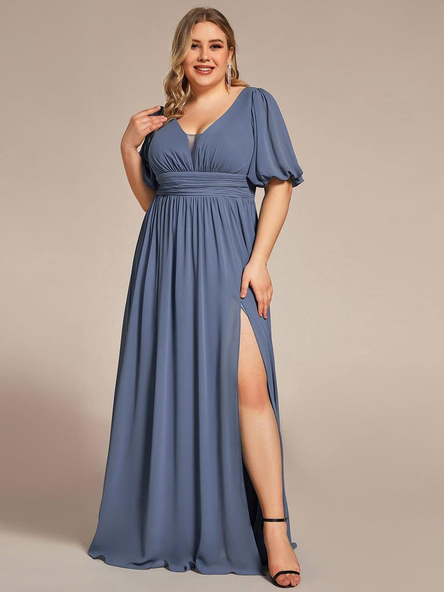 Plus Size Chiffon Slit A-Line Evening Dress with Flutter Sleeves