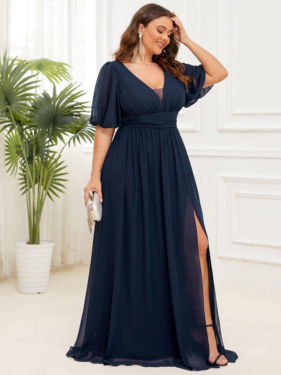 Plus Size Chiffon Slit A-Line Evening Dress with Flutter Sleeves