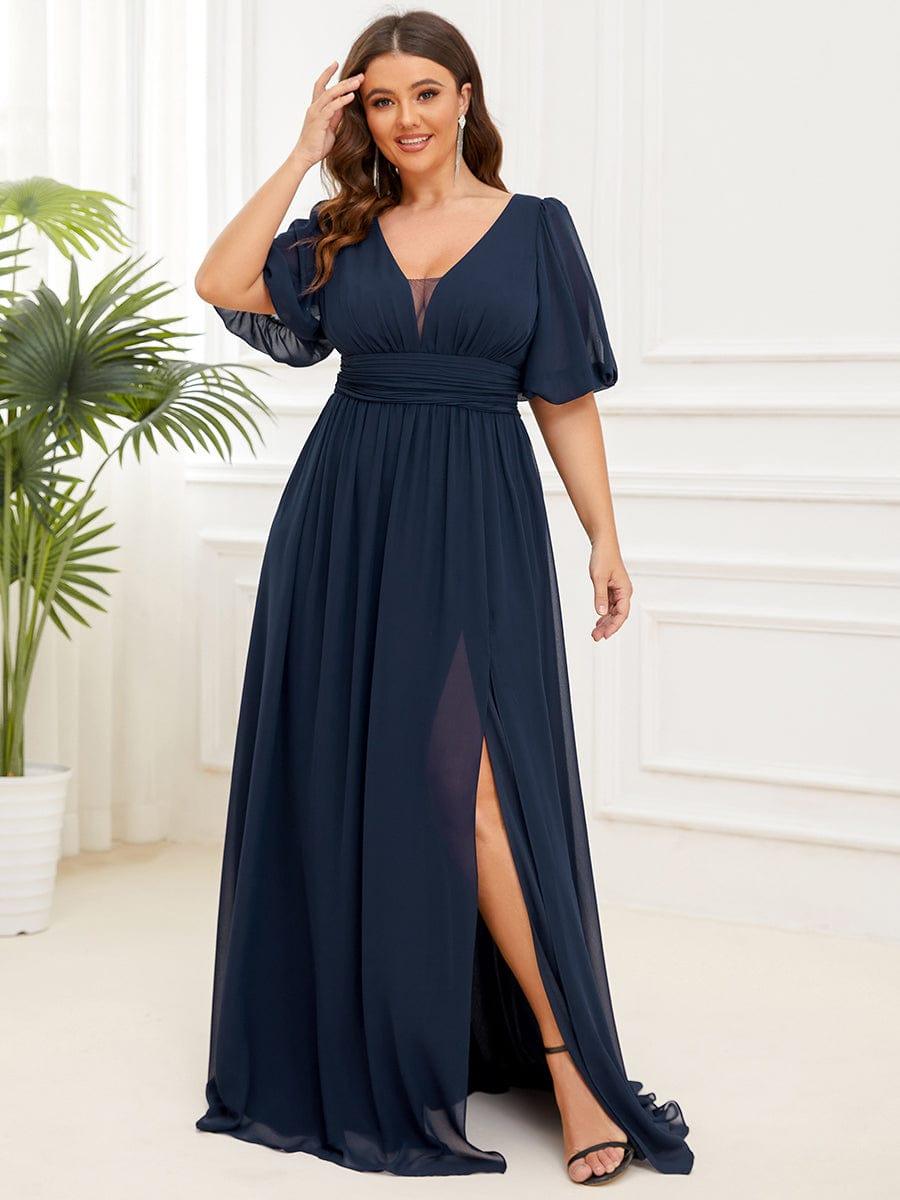 Plus Size Chiffon Slit A-Line Evening Dress with Flutter Sleeves