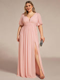 Plus Size Chiffon Slit A-Line Evening Dress with Flutter Sleeves