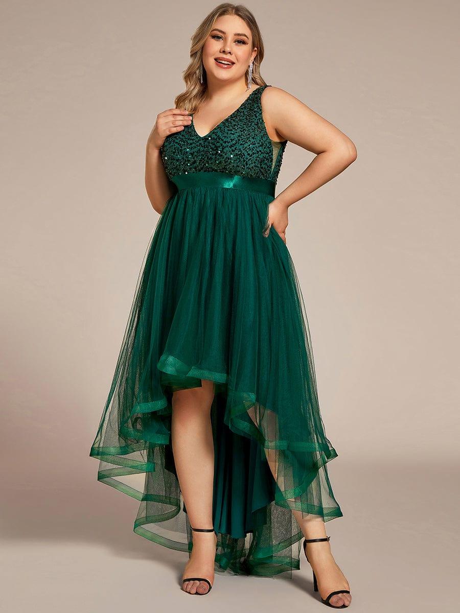 Plus Size Sequin Top A-Line High Low Evening Dress