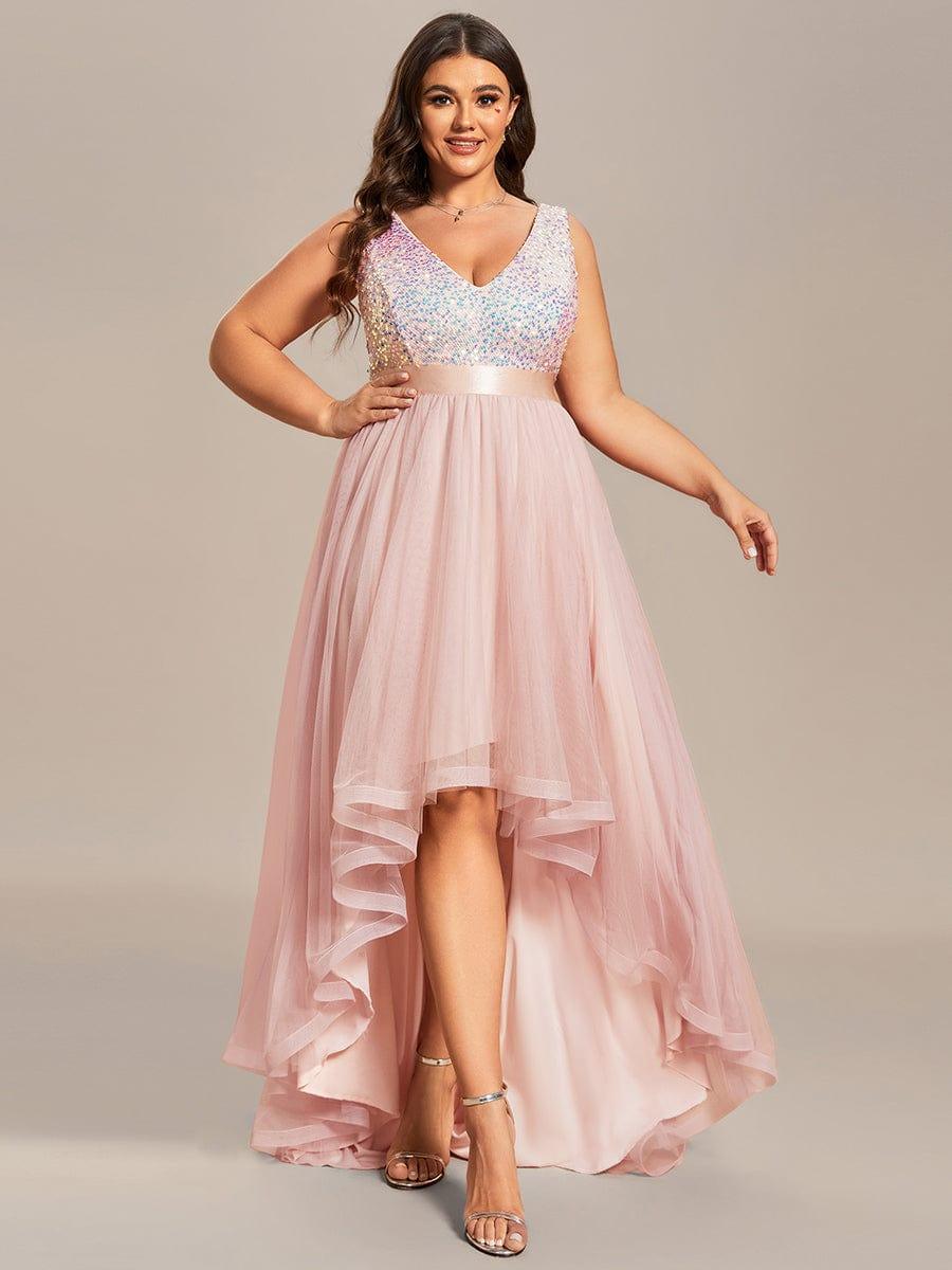 Plus Size Sequin Top A-Line High Low Evening Dress
