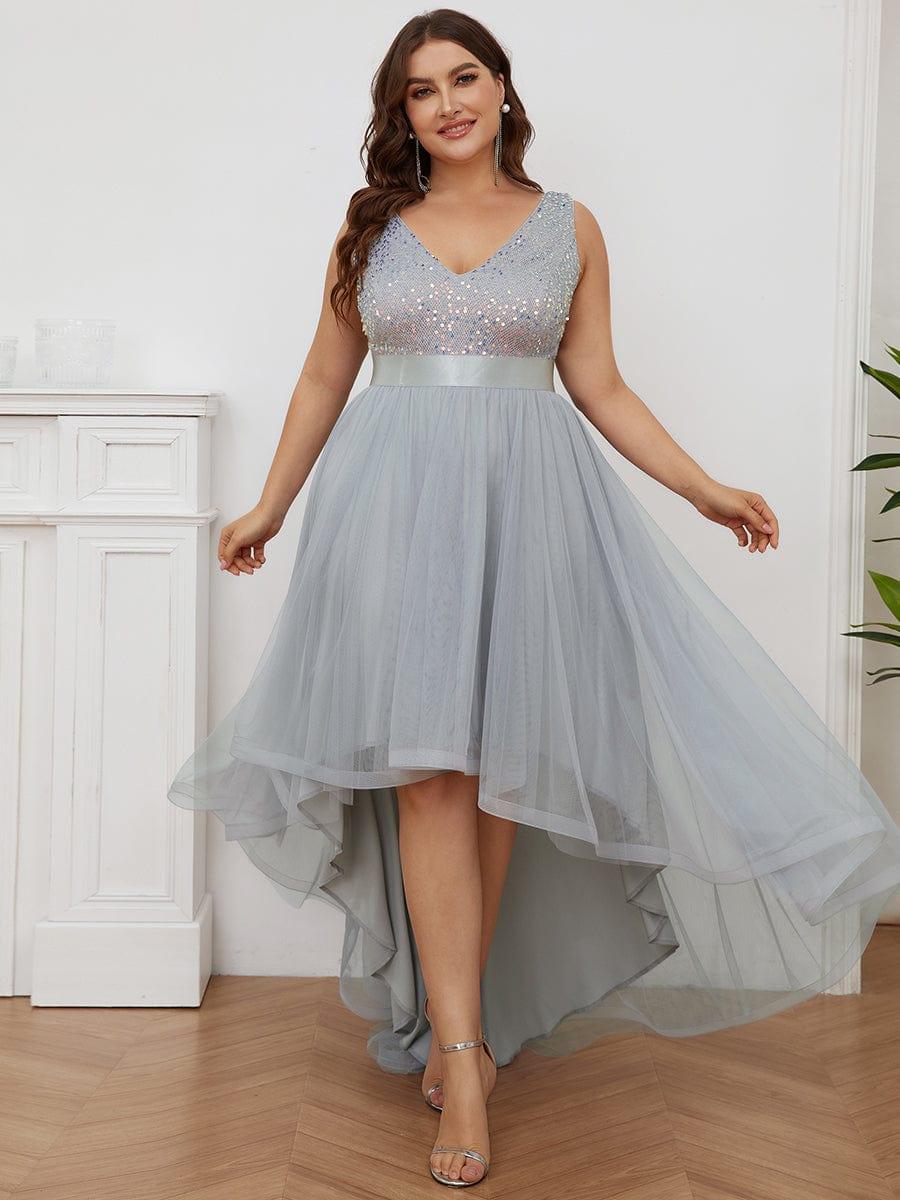 Plus Size Sequin Top A-Line High Low Evening Dress