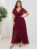 Black V-Neck Plus Size Lace Ruffled Formal Dress#color_Burgundy
