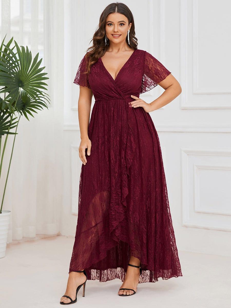 Elegant V-Neck Lace Ruffle Slit Evening Dress#color_Burgundy