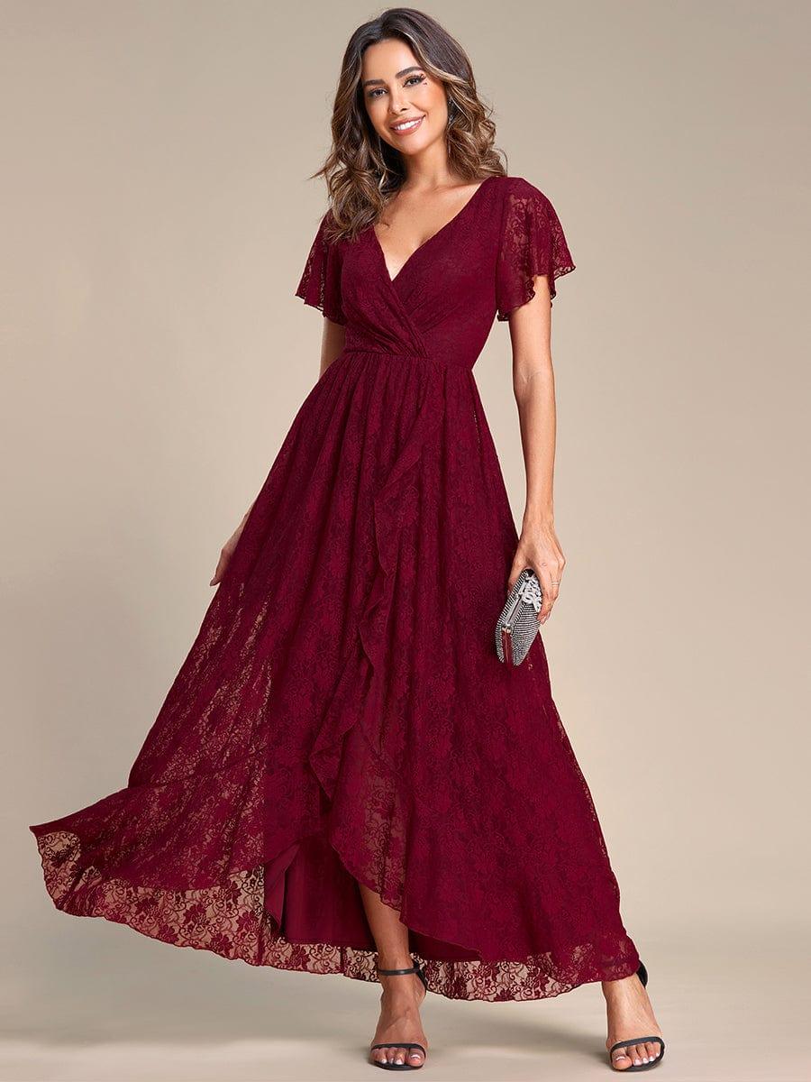 Elegant V-Neck Lace Ruffle Slit Evening Dress #color_Burgundy