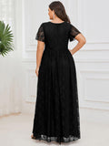 Plus Size Elegant Navy Blue Lace High-Low Evening Dress#color_Black