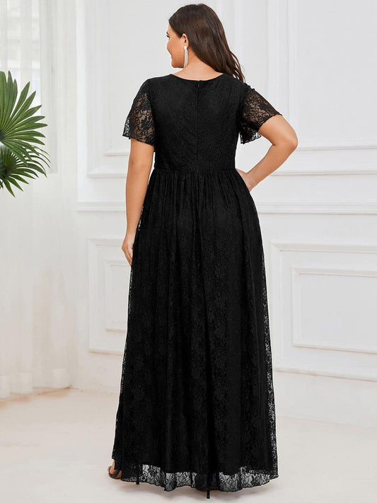 Black V-Neck Plus Size Lace Ruffled Formal Dress #color_Black
