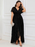 Plus Size Elegant Navy Blue Lace High-Low Evening Dress#color_Black