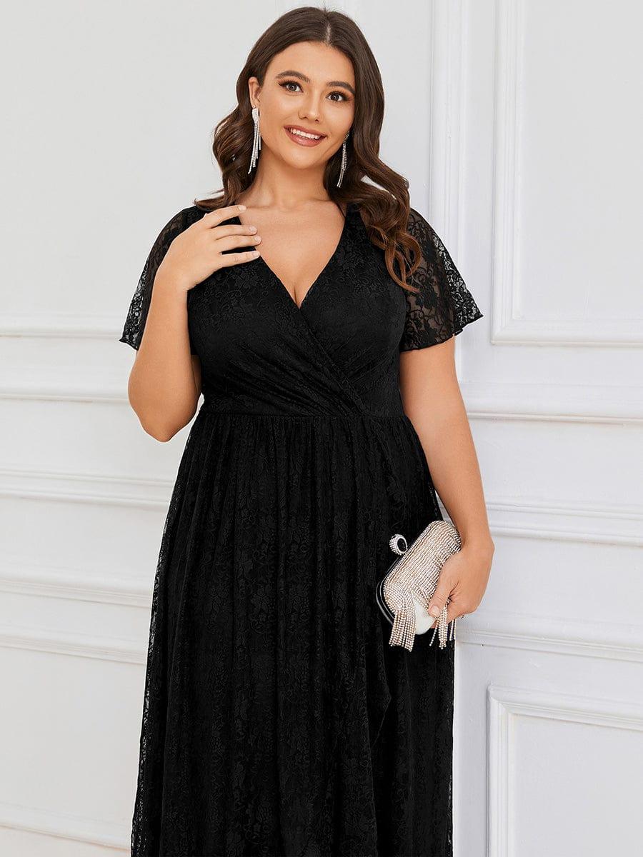 Black V-Neck Plus Size Lace Ruffled Formal Dress#color_Black