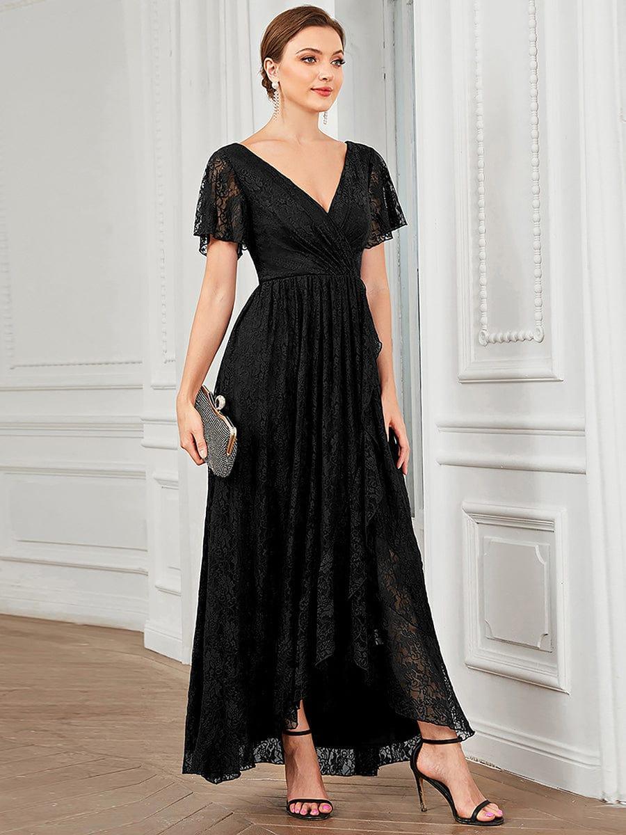 Elegant V-Neck Lace Ruffle Slit Evening Dress #color_Black