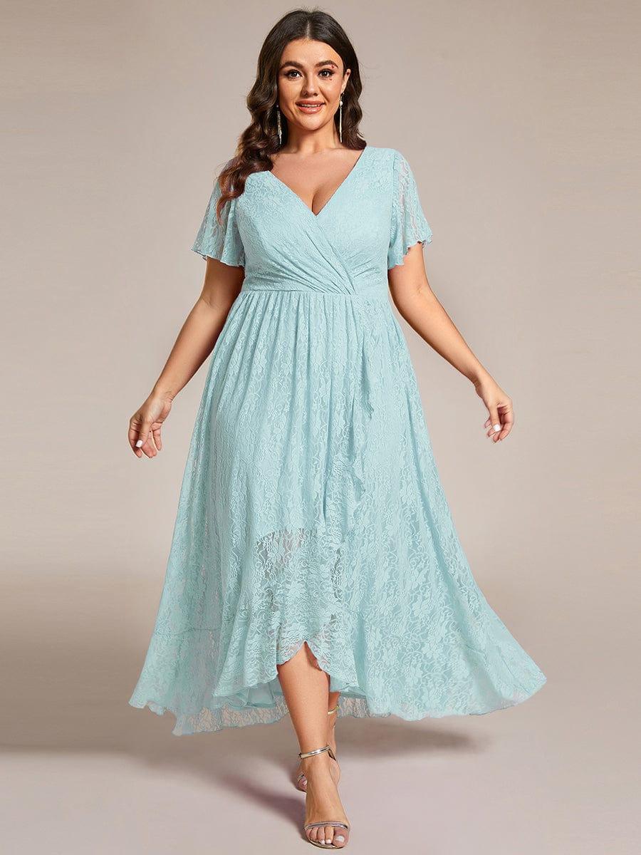 Plus Size Elegant Navy Blue Lace High-Low Evening Dress #color_Sky Blue