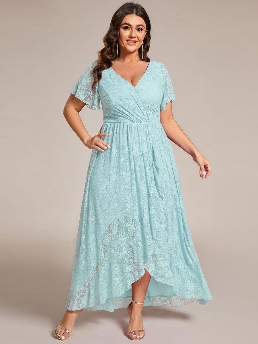 Plus Size Elegant Navy Blue Lace High-Low Evening Dress #color_Sky Blue