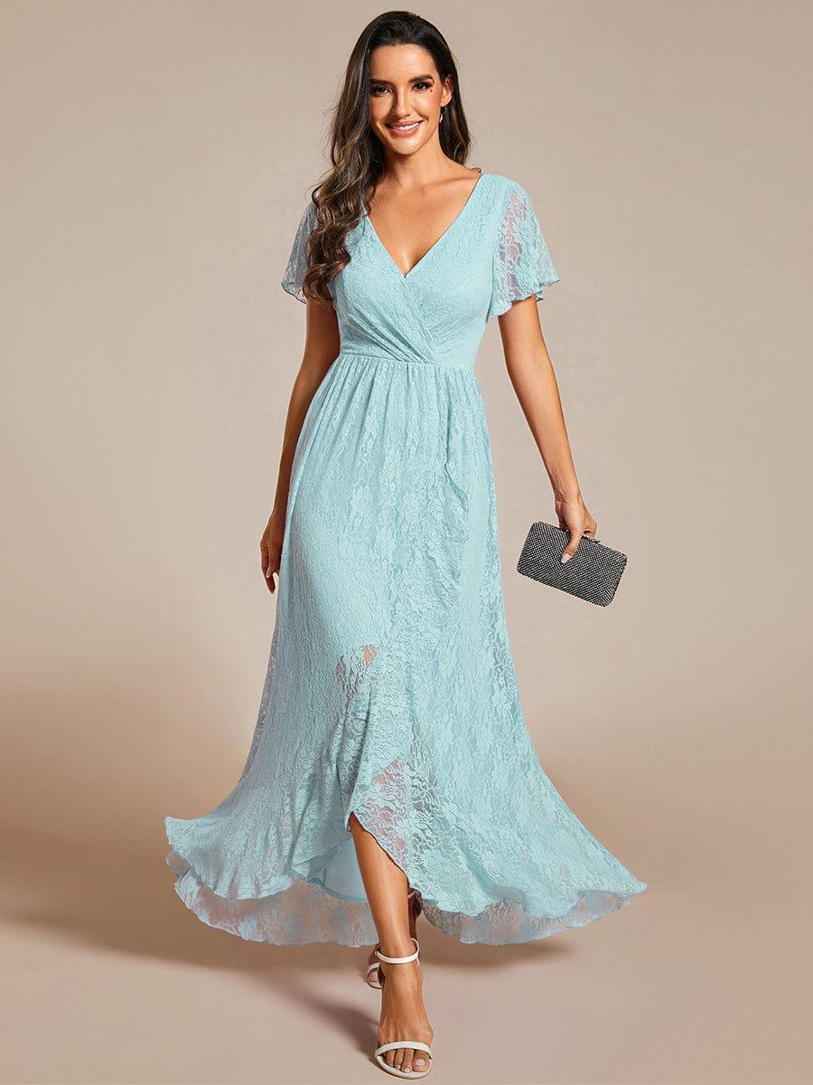 Elegant V-Neck Lace Ruffle Slit Evening Dress