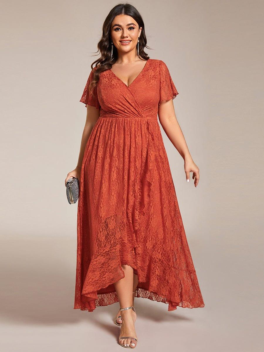 Plus Size V-Neck Ruffled Lace Formal Evening Dress
