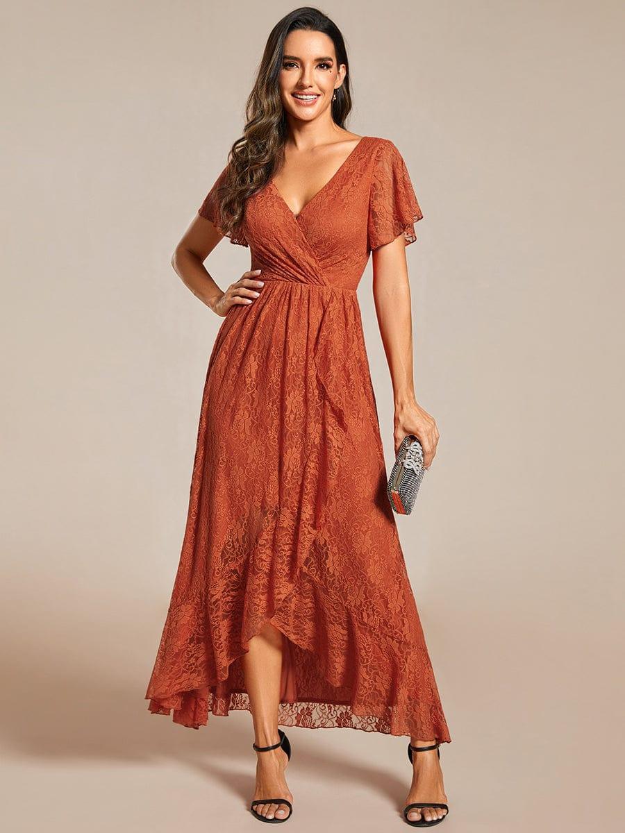 Elegant V-Neck Lace Ruffle Slit Evening Dress #color_Burnt Orange