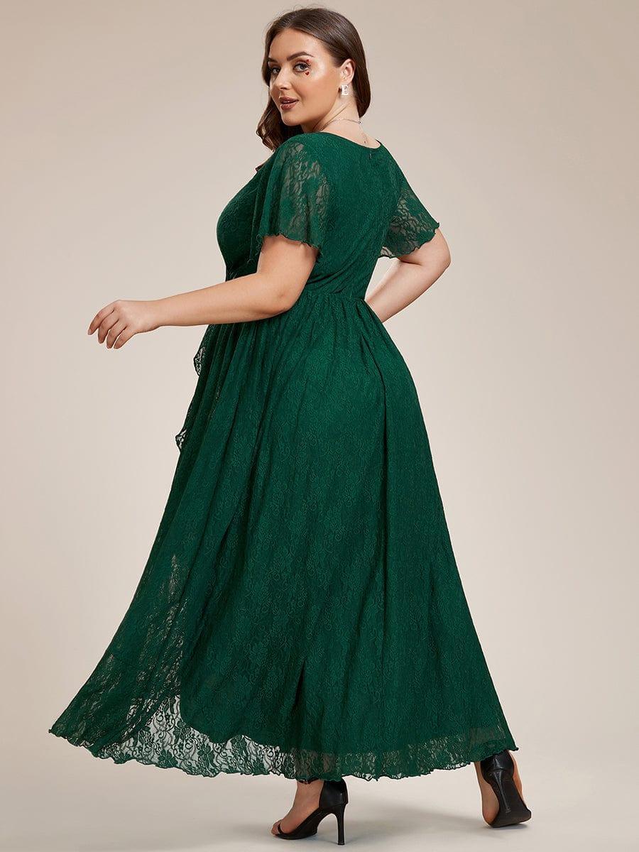 Elegant V-Neck Lace Ruffle Slit Evening Dress #color_Dark Green