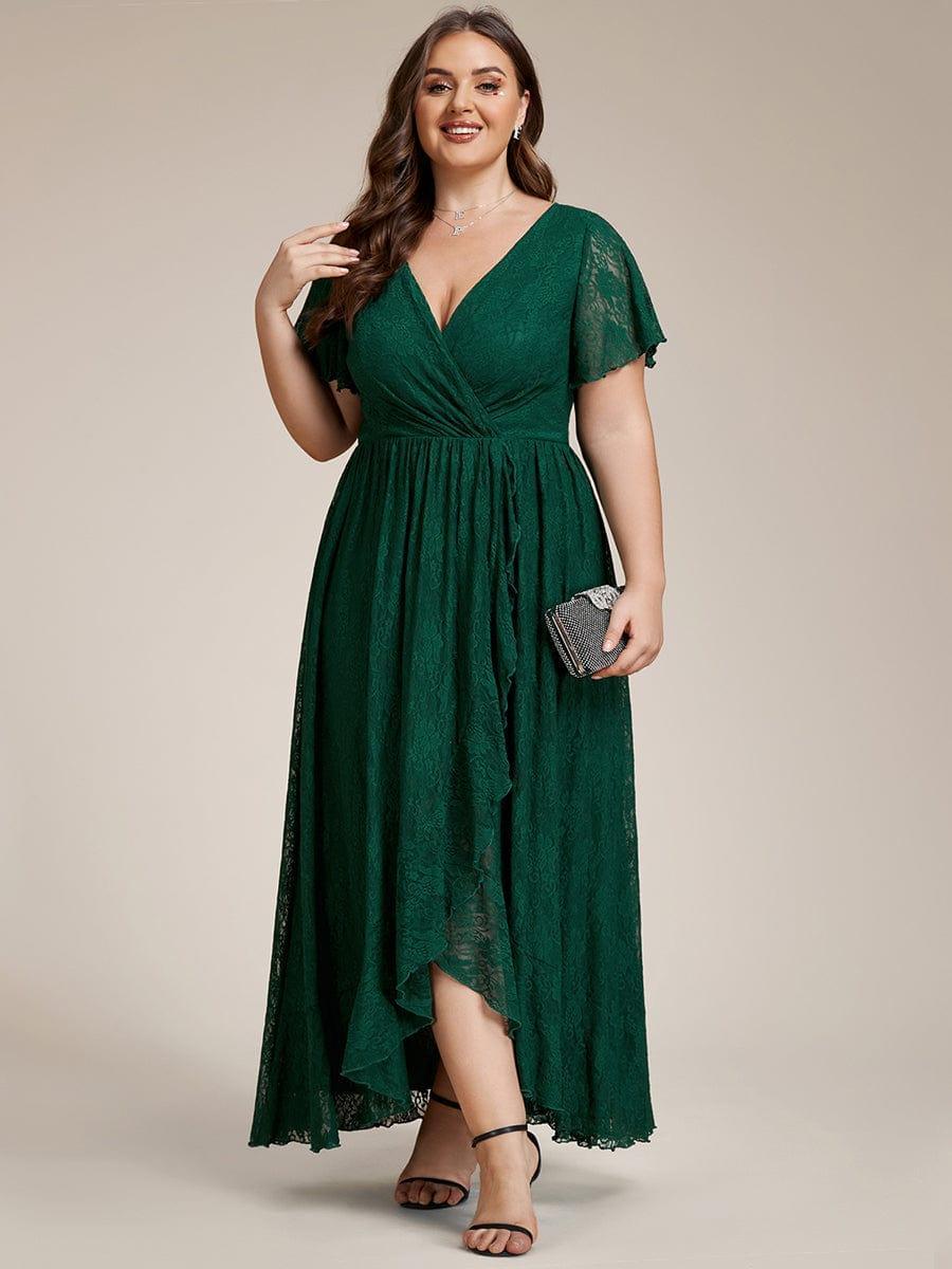 Elegant V-Neck Lace Ruffle Slit Evening Dress #color_Dark Green