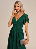 Elegant V-Neck Lace Ruffle Slit Evening Dress#color_Dark Green